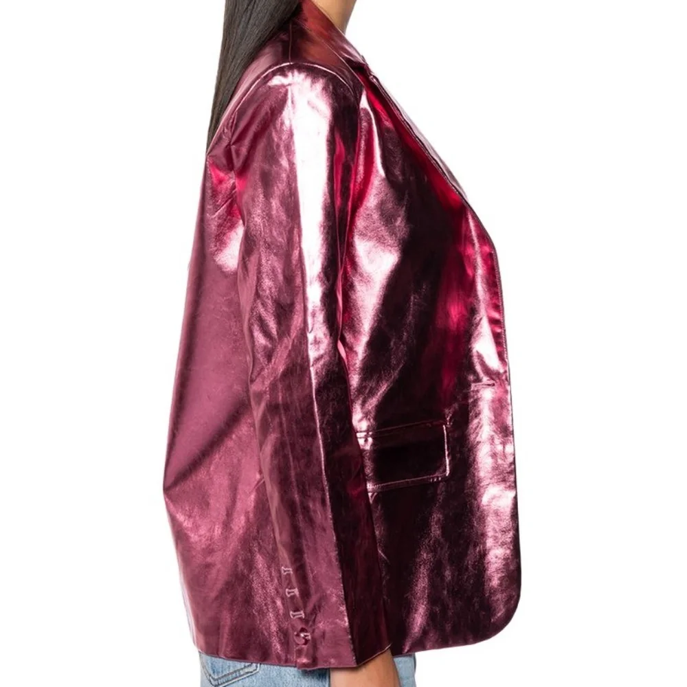 Elaine At Night: Dreamy Pink Metallic Vegan Leather Blazer Large - Picture 3 of 5